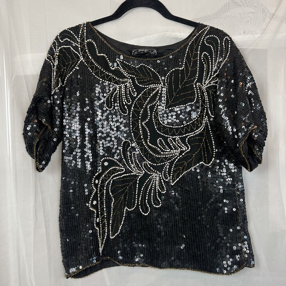 Vintage Jean for Joseph le Bon 100% silk sequin beaded short sleeve blouse 80s